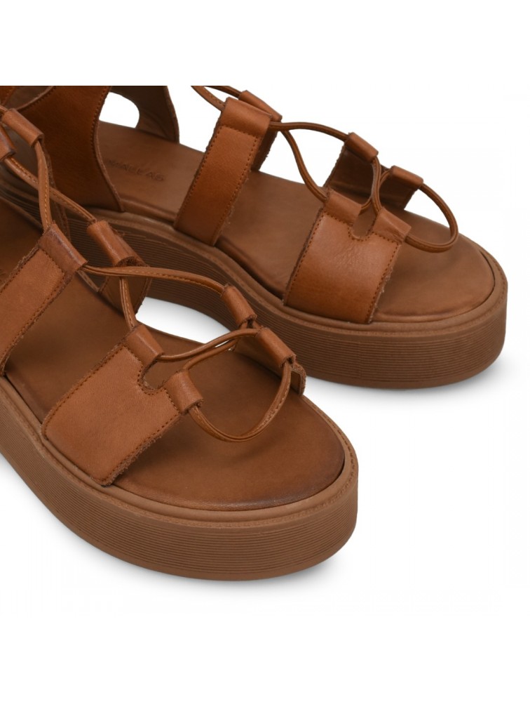 TSAKIRIS MALLAS Καφέ Δερμάτινα Γυναικεία Δετά Flatforms