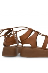 TSAKIRIS MALLAS Καφέ Δερμάτινα Γυναικεία Δετά Flatforms