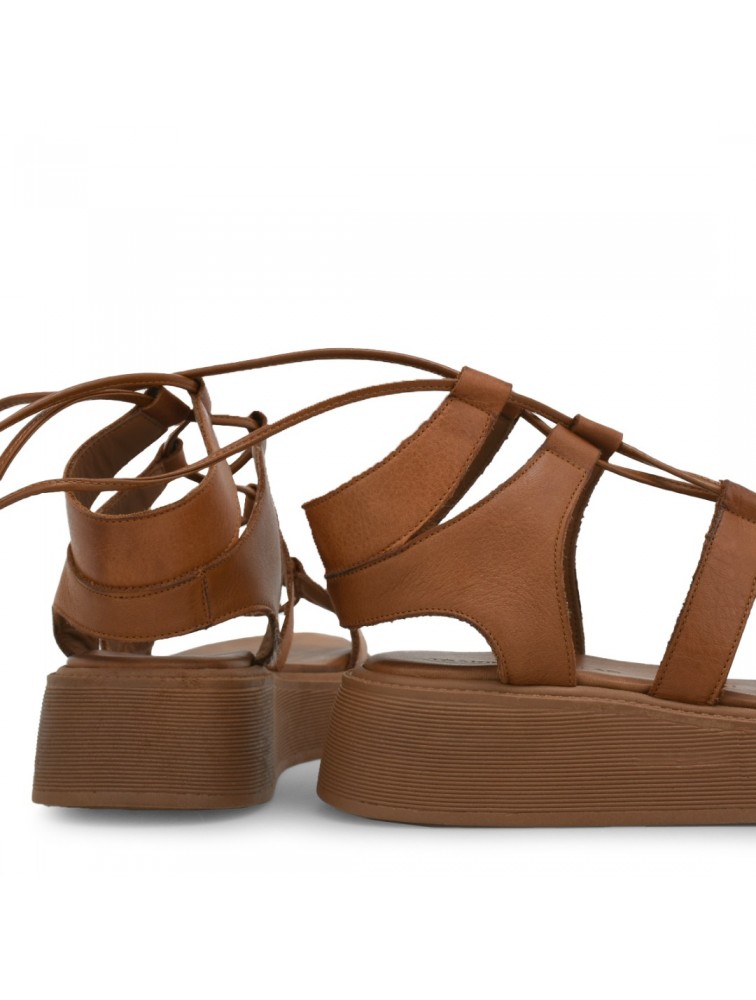 TSAKIRIS MALLAS Καφέ Δερμάτινα Γυναικεία Δετά Flatforms