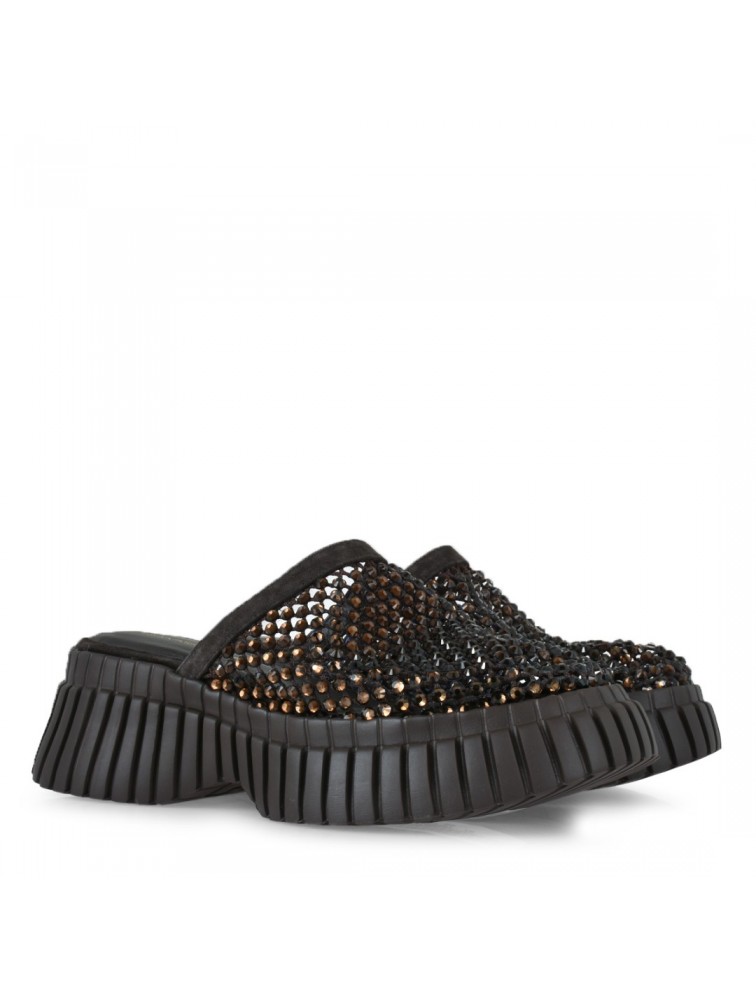 TSAKIRIS MALLAS Καφέ Καστόρι Γυναικεία Flatforms με Στρας