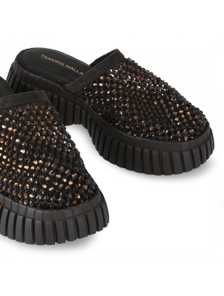 TSAKIRIS MALLAS Καφέ Καστόρι Γυναικεία Flatforms με Στρας