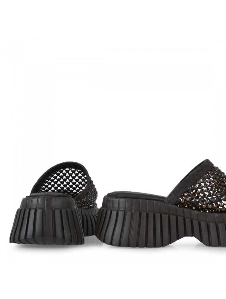 TSAKIRIS MALLAS Καφέ Καστόρι Γυναικεία Flatforms με Στρας