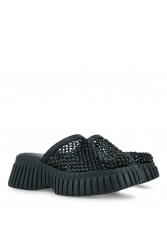 TSAKIRIS MALLAS Μαύρα Δερμάτινα Γυναικεία Flatforms με Στρας