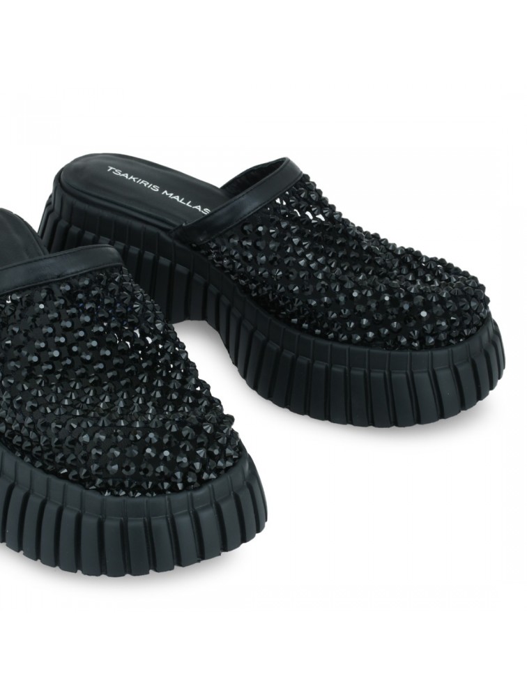 TSAKIRIS MALLAS Μαύρα Δερμάτινα Γυναικεία Flatforms με Στρας