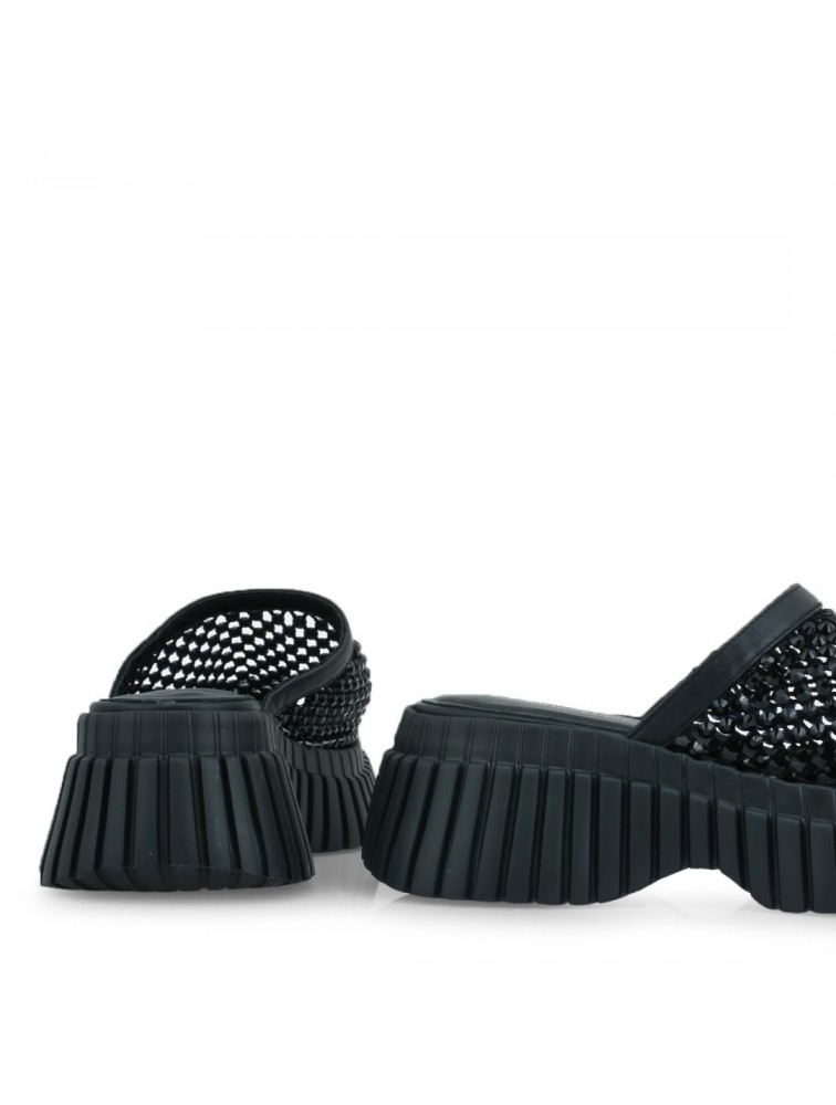 TSAKIRIS MALLAS Μαύρα Δερμάτινα Γυναικεία Flatforms με Στρας