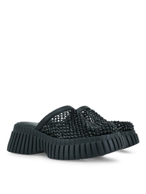 TSAKIRIS MALLAS Μαύρα Δερμάτινα Γυναικεία Flatforms με Στρας
