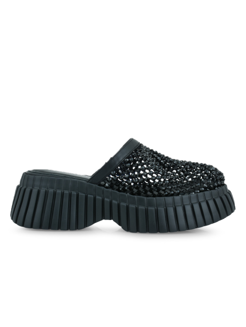 TSAKIRIS MALLAS Μαύρα Δερμάτινα Γυναικεία Flatforms με Στρας