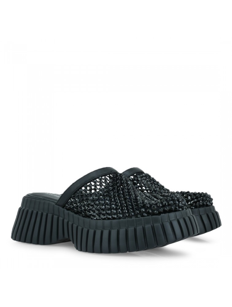 TSAKIRIS MALLAS Μαύρα Δερμάτινα Γυναικεία Flatforms με Στρας