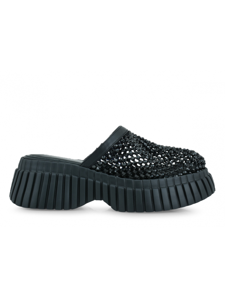 TSAKIRIS MALLAS Μαύρα Δερμάτινα Γυναικεία Flatforms με Στρας