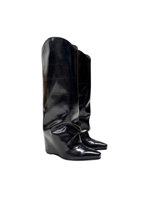 TSAKIRIS MALLAS Μαύρες Κροκό Γυναικείες Μπότες με Γκέτα