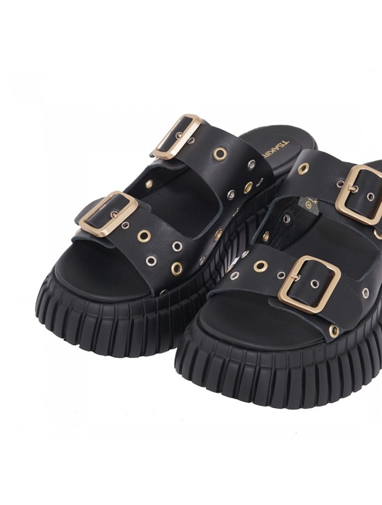 TSAKIRIS MALLAS Μαύρα Γυναικεία Δερμάτινα Flatforms
