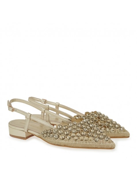 TSAKIRIS MALLAS Χρυσές Γυναικείες Slingback Μπαλαρίνες Με Στρας