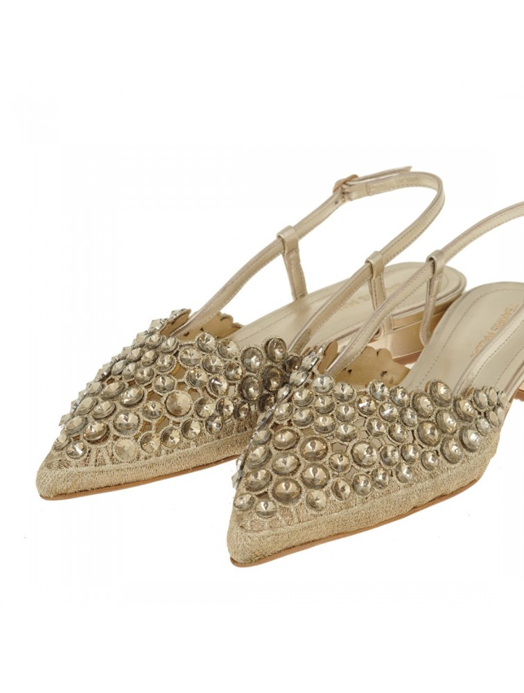 TSAKIRIS MALLAS Χρυσές Γυναικείες Slingback Μπαλαρίνες Με Στρας