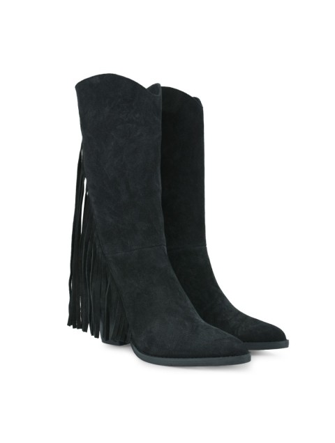 TSAKIRIS MALLAS Black Leather Women's Boots with Fringes