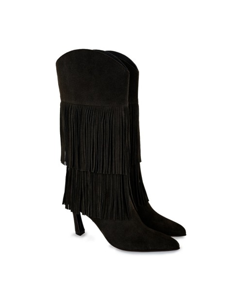 TSAKIRIS MALLAS Μαύρες Δερμάτινες Γυναικείες Μπότες με Κρόσσια