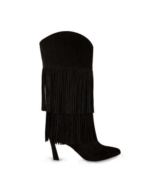 TSAKIRIS MALLAS Μαύρες Δερμάτινες Γυναικείες Μπότες με Κρόσσια