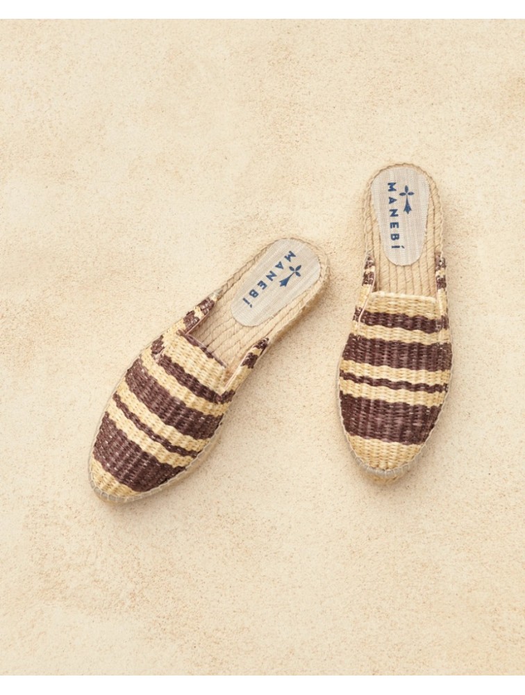 MANEBÌ Raffia Stripes Mules Yucatán Mules από ράφια  σε φυσικό χρώμα με καφέ ρίγες