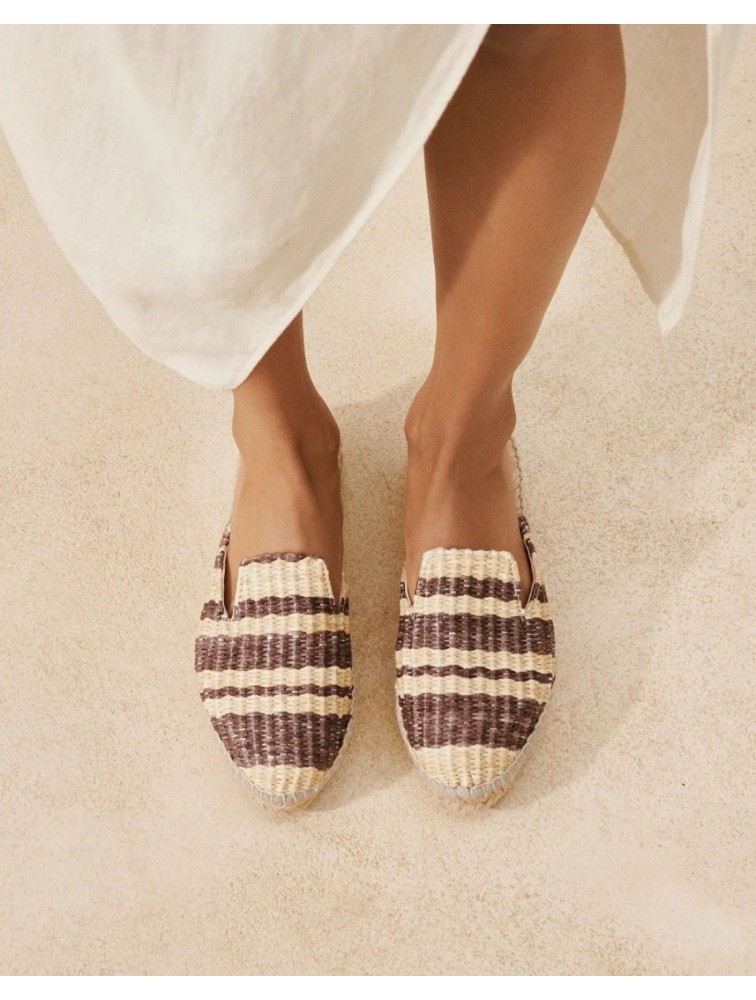 MANEBÌ Raffia Stripes Mules Yucatán Mules από ράφια  σε φυσικό χρώμα με καφέ ρίγες