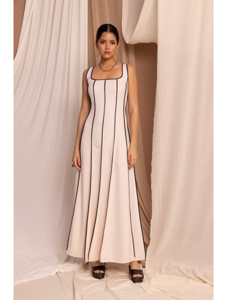 LA CHAINE Eros maxi ecru-black dress Μάξι φόρεμα εκρού- μαύρο