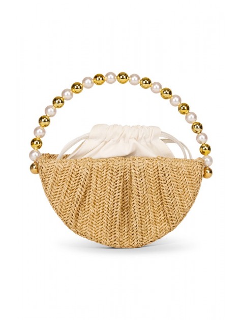 LA CHAINE Coralia pearl and gold bag beige Μπεζ ψάθινη γυναικεία τσάντα