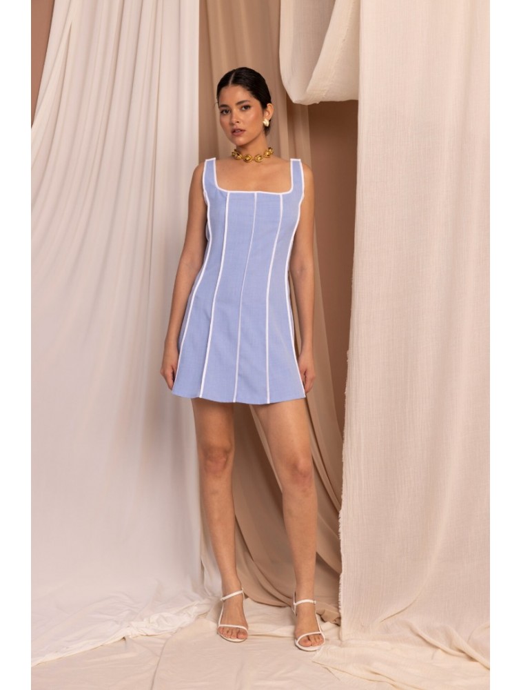LA CHAINE Eros mini ciel- white dress Μίνι φόρεμα σιέλ- άσπρο