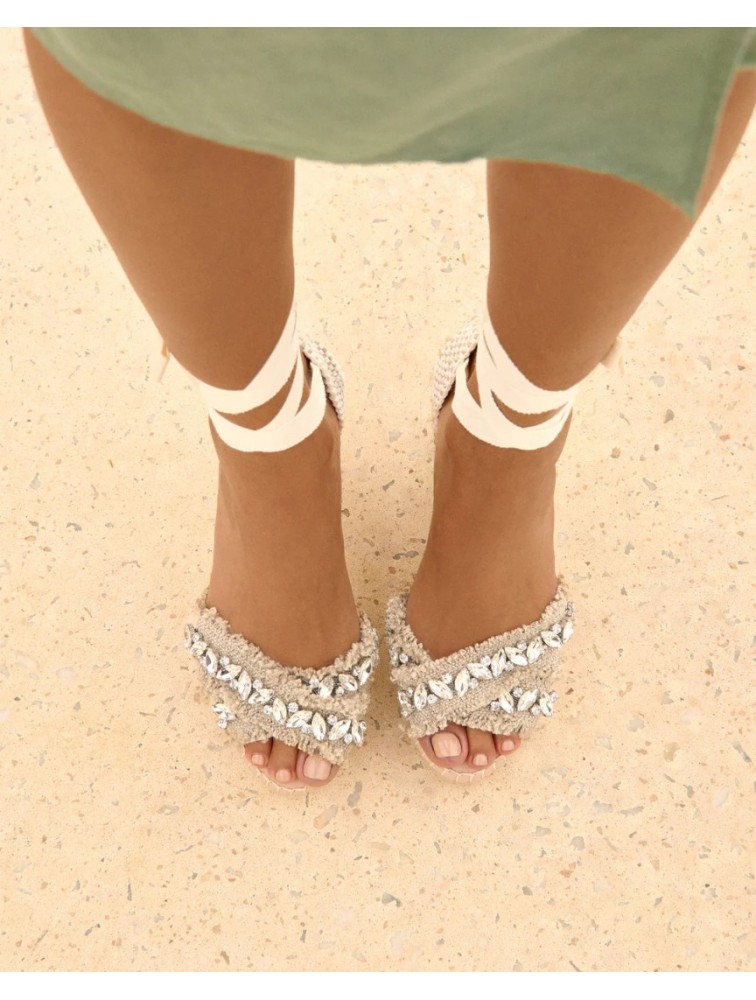 MANEBÌ Organic Hemp with Crystals Crossed Wedges Espadrillas Εκρού γυναικείες εσπαντρίγιες με αστραφτερούς κρυστάλλους