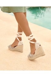 MANEBÌ Organic Hemp with Crystals Crossed Wedges Espadrillas Εκρού γυναικείες εσπαντρίγιες με αστραφτερούς κρυστάλλους