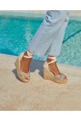 MANEBÌ Organic Hemp with Crystals Crossed Wedges Espadrillas Εκρού γυναικείες εσπαντρίγιες με αστραφτερούς κρυστάλλους
