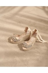 MANEBÌ Organic Hemp with Crystals Crossed Wedges Espadrillas Εκρού γυναικείες εσπαντρίγιες με αστραφτερούς κρυστάλλους