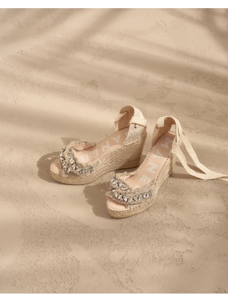 MANEBÌ Organic Hemp with Crystals Crossed Wedges Espadrillas Εκρού γυναικείες εσπαντρίγιες με αστραφτερούς κρυστάλλους