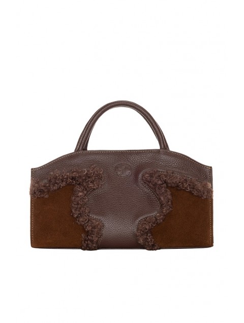 LA CHAINE Cynthia Fur Mini Καφέ Δερμάτινη Τσάντα