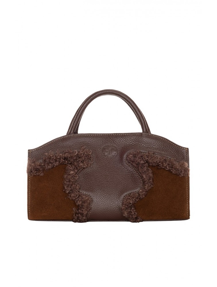 LA CHAINE Cynthia Fur Mini Καφέ Δερμάτινη Τσάντα