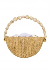 LA CHAINE Coralia Marble Bag Μπεζ Τσάντα με Εκρού Χάντρες