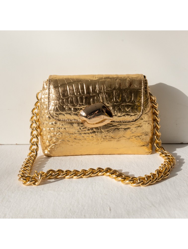 CLIC JEWELS MAYA MINIBAG (gold croco genuine leather) Χρυσή Γυναικεία Τσάντα Ώμου