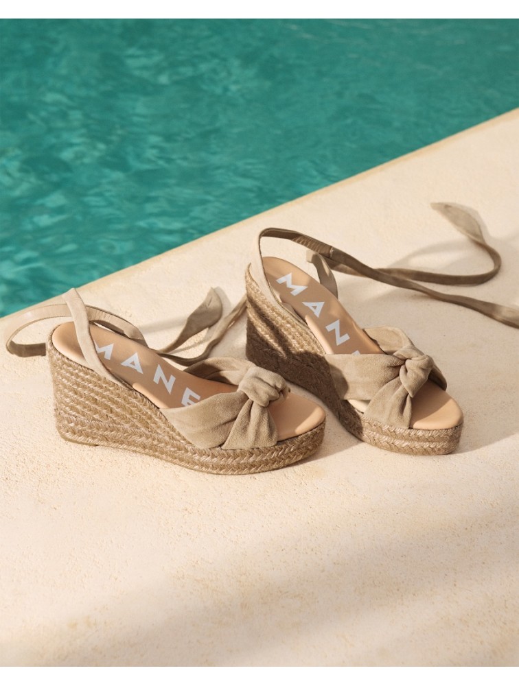 MANEBÌ Soft Suede Wedge Espadrilles With Knot Hamptons Vintage Taupe Μπεζ Εσπαντρίγιες με Κόμπο από Μαλακό Σουέντ