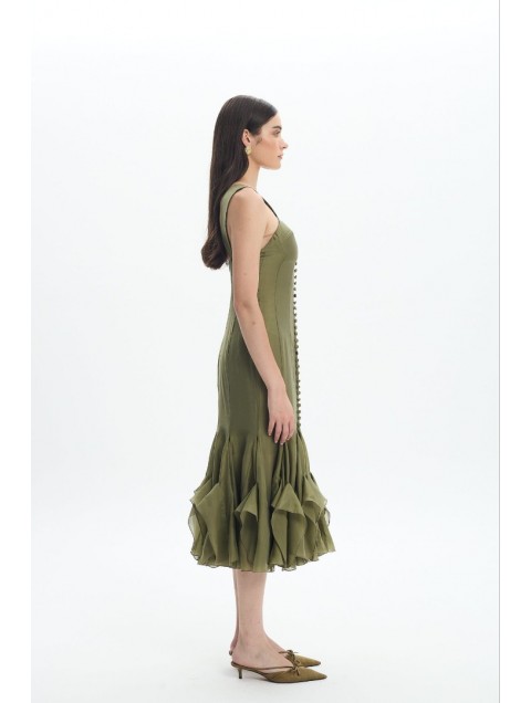 LA CHAINE Camellia Dress Olive Λαδί Μίντι Φόρεμα