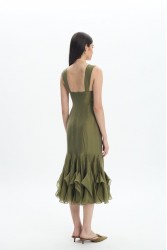 LA CHAINE Camellia Dress Olive Λαδί Μίντι Φόρεμα
