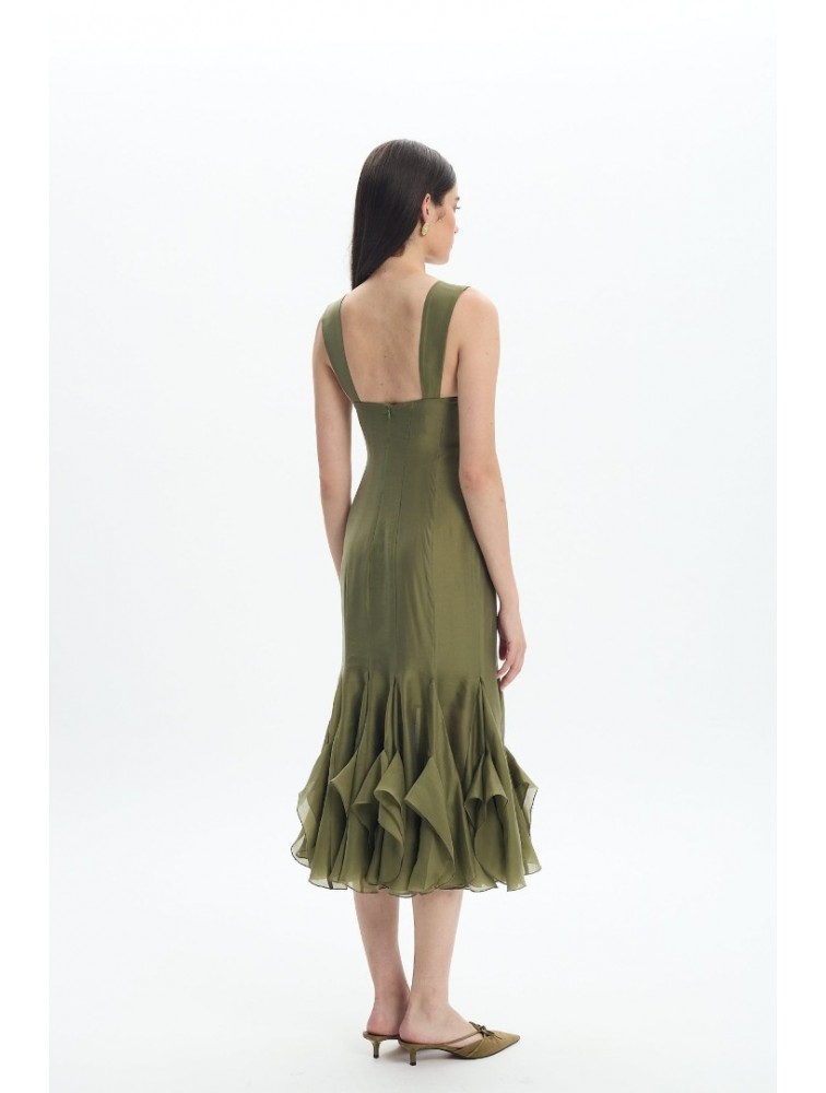 LA CHAINE Camellia Dress Olive Λαδί Μίντι Φόρεμα