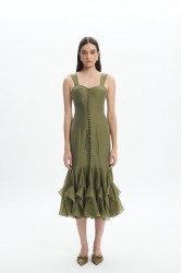 LA CHAINE Camellia Dress Olive Λαδί Μίντι Φόρεμα