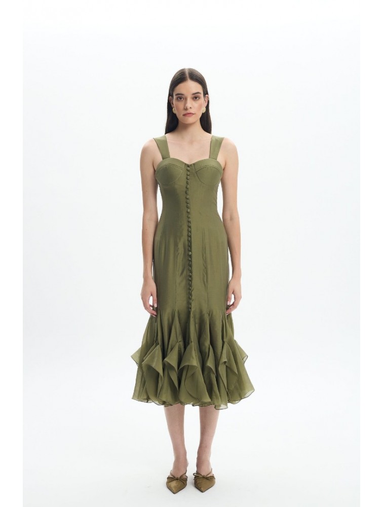 LA CHAINE Camellia Dress Olive Λαδί Μίντι Φόρεμα