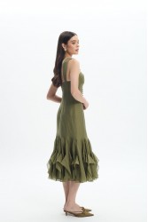 LA CHAINE Camellia Dress Olive Λαδί Μίντι Φόρεμα
