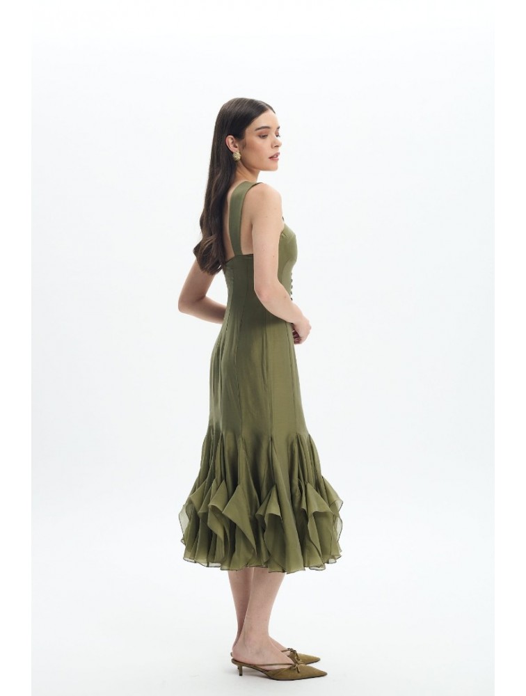 LA CHAINE Camellia Dress Olive Λαδί Μίντι Φόρεμα