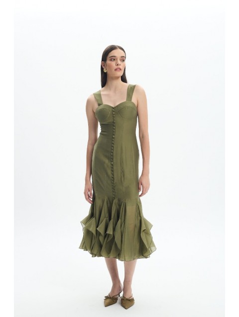 LA CHAINE Camellia Dress Olive Λαδί Μίντι Φόρεμα