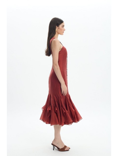 LA CHAINE Camellia Dress Terracotta Πορτοκαλί Μίντι Φόρεμα