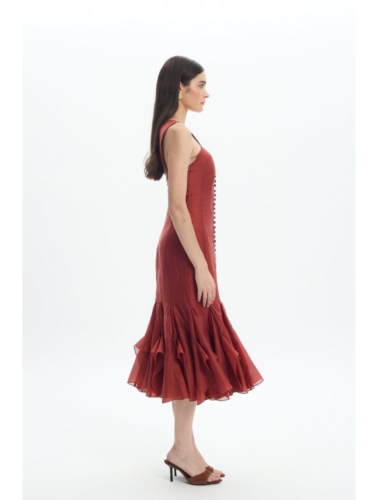 LA CHAINE Camellia Dress Terracotta Πορτοκαλί Μίντι Φόρεμα