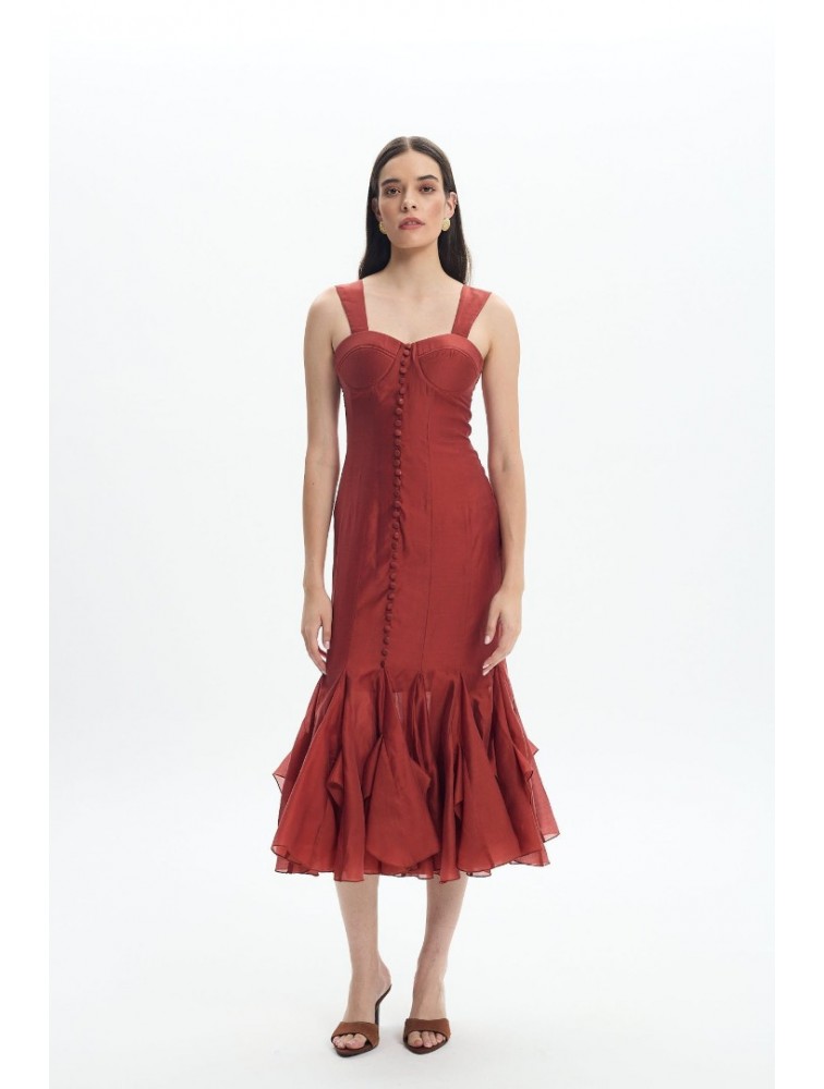 LA CHAINE Camellia Dress Terracotta Πορτοκαλί Μίντι Φόρεμα