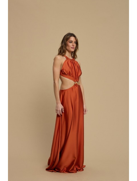 LA CHAINE Horizon Dress Terracotta Orange Maxi Satin Dress