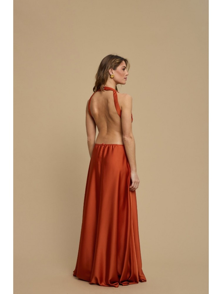 LA CHAINE Horizon Dress Terracotta Πορτοκαλί Μάξι Σατέν Φόρεμα