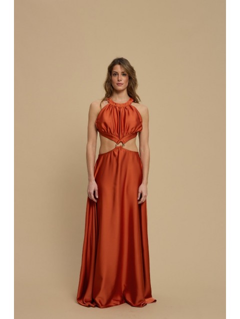 LA CHAINE Horizon Dress Terracotta Orange Maxi Satin Dress