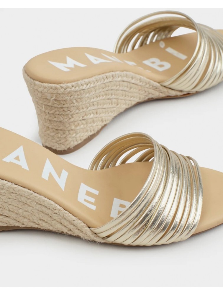 MANEBÌ Metallic Leather Multi Bands Mule Wedge Espadrilles Χρυσές Δερμάτινες Εσπαντρίγιες Mules με Λουράκια
